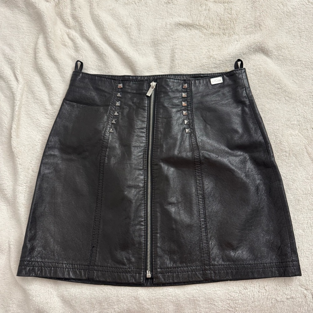 Black Leather Skirt with Studded Detail